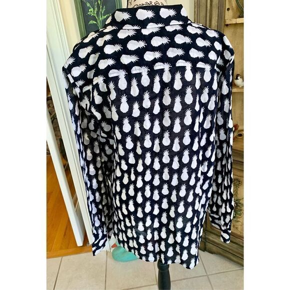 Talbots Navy Blue White Pineapple Print Lightweight Button Down Shirt - Picture 2 of 7